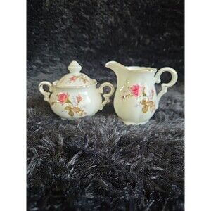 Fred Roberts Moss Rose Sugar & Creamer Set Gold Trim Vintage